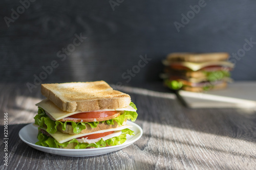 the sandwich on the plate lies on the table on a dark background and it falls autumn light from the window in the background sandwich on the Board.