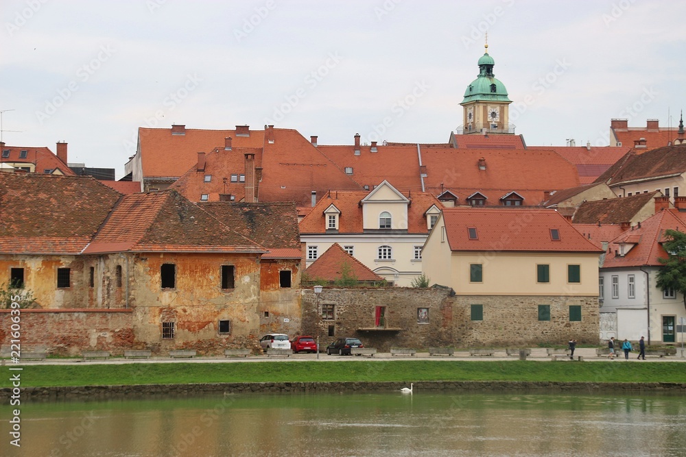 View of the old town of Maribor, Slovenia, and Drava river. South-east Europe.