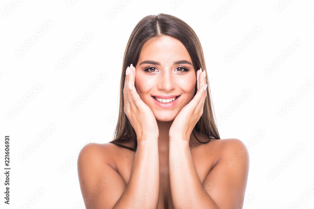 Happy beautiful girl holding her cheeks with a laugh looking to the side. Expressive facial expressions. Cosmetology and Spa Happy beautiful girl holding her cheeks with a laugh looking to the side. Expressive facial expressions. Cosmetology and Spa