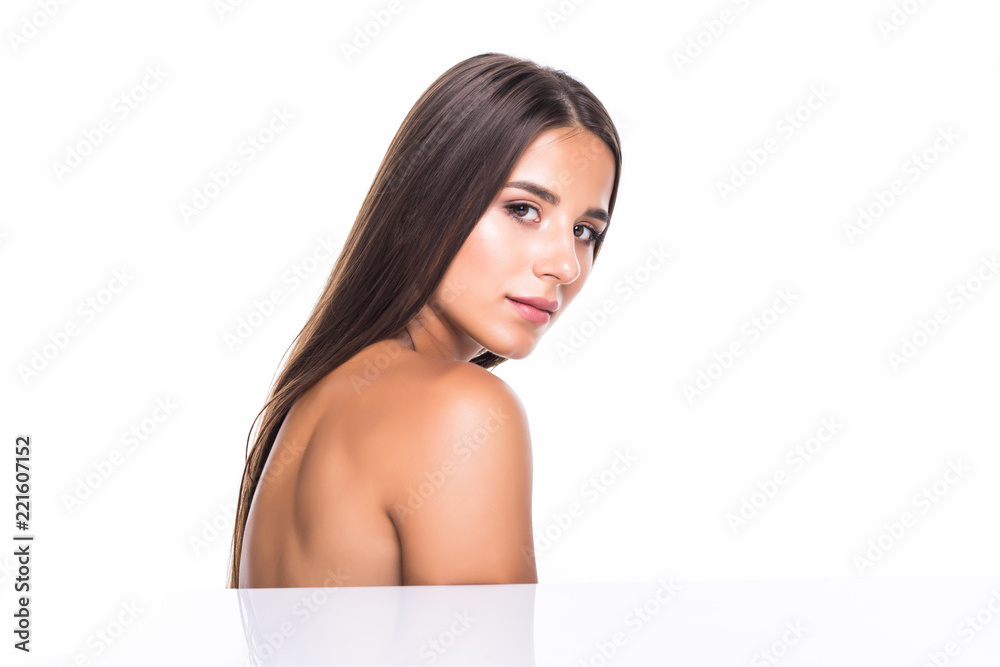 closeup side portrait of beautiful female face over white background closeup side portrait of beautiful female face over white background