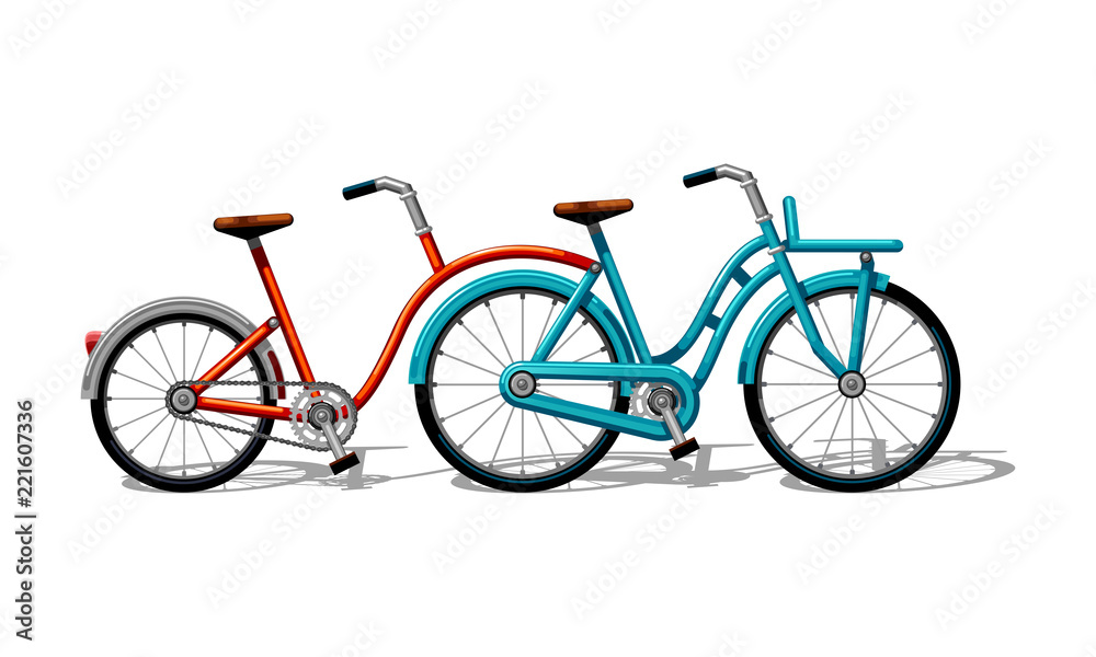 Obraz premium Urban family co-pilot tandem bike flat vector. Urban bicycle, leasure and sport transport for family. Bicycle illustration for a logo or an icon. Bike drawing isolated on white background. City transp