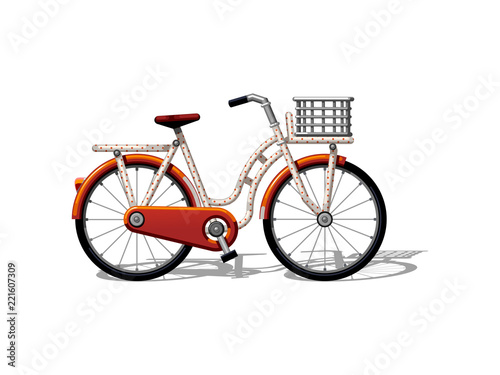 Urban family bike with basket and pattern flat vector. Urban bicycle, leasure and sport transport for family. Bicycle illustration for a logo or an icon. Bike drawing isolated on white BG