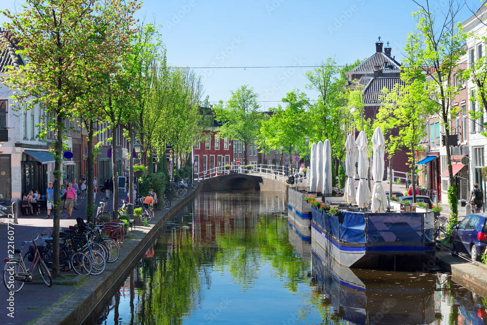 street with canal in Delft old town in Holland, Netherlands