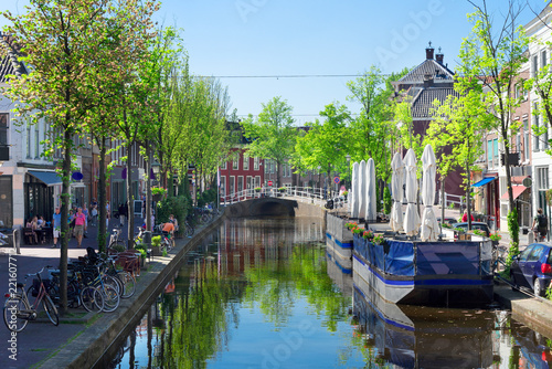 street with canal in Delft old town in Holland, Netherlands