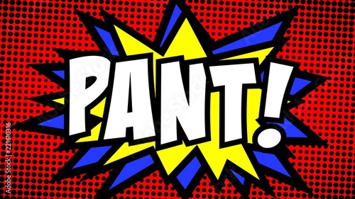 A comic strip cartoon with the word Pant. Green and halftone background  star shape effect.  