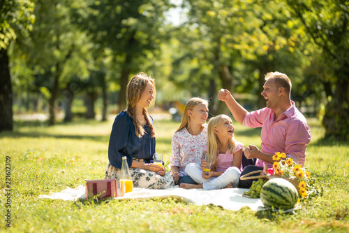A cheerful family sitting on the grass during a picnic in the park, there is a basket with food and watermelon © Anton