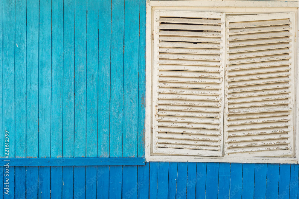 blue wooden old wall and white window exterior blue wooden old wall and white window exterior