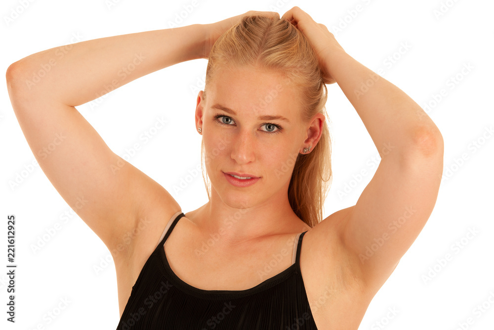 Beauty portrait of a cute blond woman in short black summer dress isolated over white background