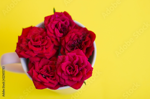 Arrangement from a cup for tea with roses on a yellow background