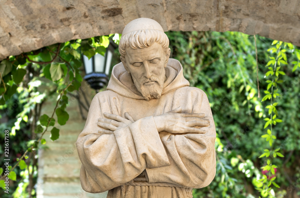 August 29 2018: St. Francis of Assisi statue in colonial garden in San Gabriel Barrera Guanajuato Mexico.
