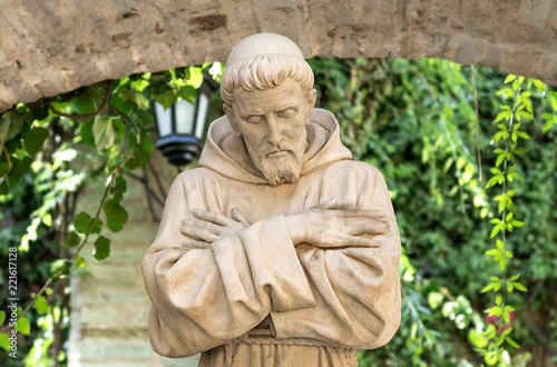 August 29 2018: St. Francis of Assisi statue in colonial garden in San Gabriel Barrera Guanajuato Mexico.