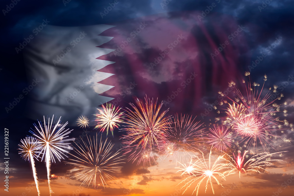 Fireworks and flag of Qatar