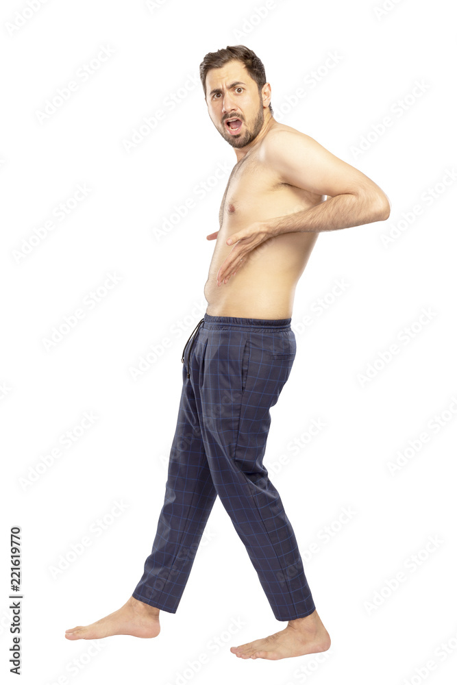 Man without clothes, in shorts, isolated on white background