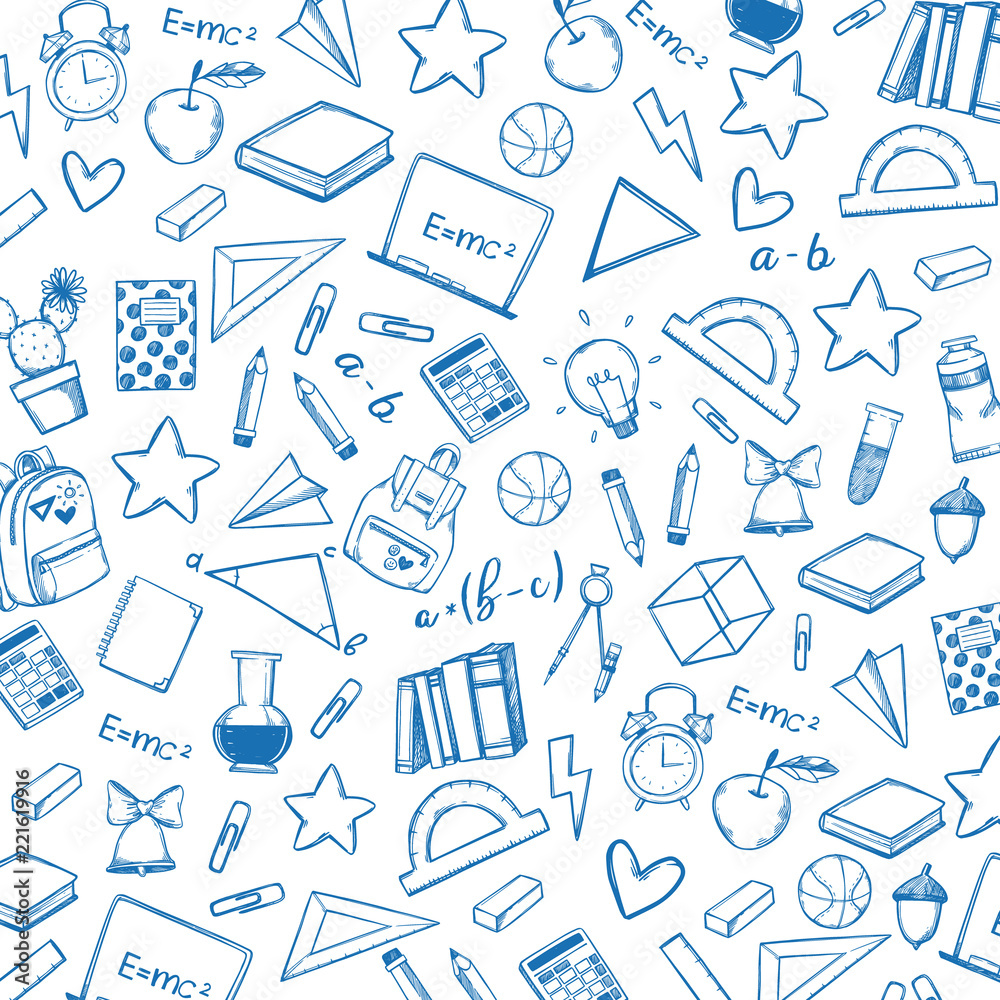 Hand drawn vector illustration - Back to school background. Sketch design elements. Education, study, teacher, school supplies. Perfect for notebook, presentations, web, bunners, advertising Hand drawn vector illustration - Back to school background. Sketch design elements. Education, study, teacher, school supplies. Perfect for notebook, presentations, web, bunners, advertising