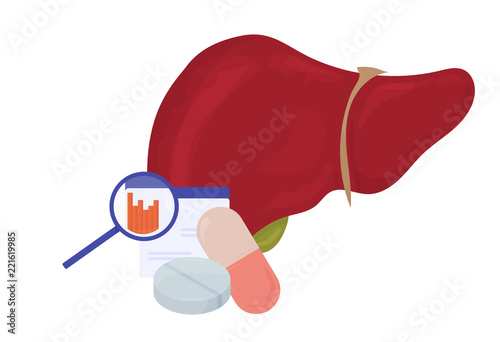 Hepatology and Liver treatment vector illustration: anatomical liver organ with a pill, a capsule and diagnostics survey concept isolated. Hepatology prescription drugs icon.