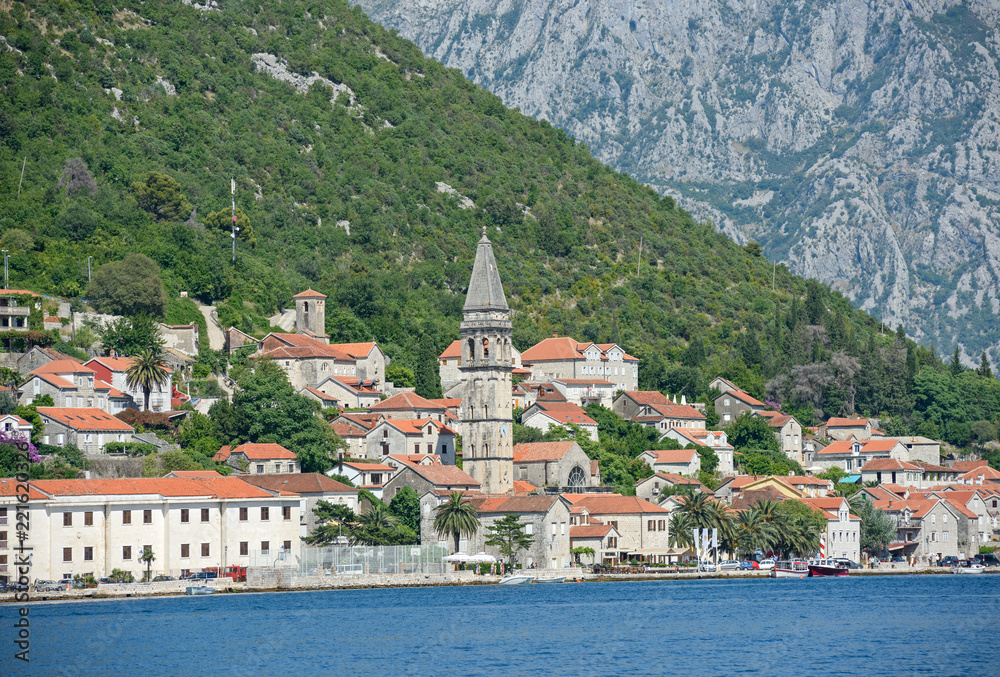 View towards Perast from water of Kotor bay, Montenegro.