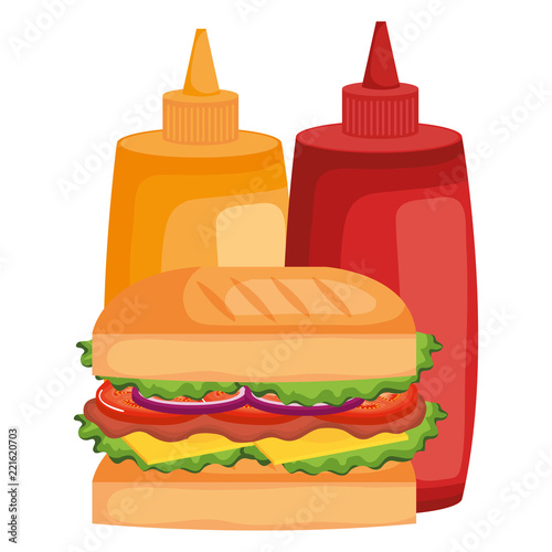 delicious burger with sauces bottles
