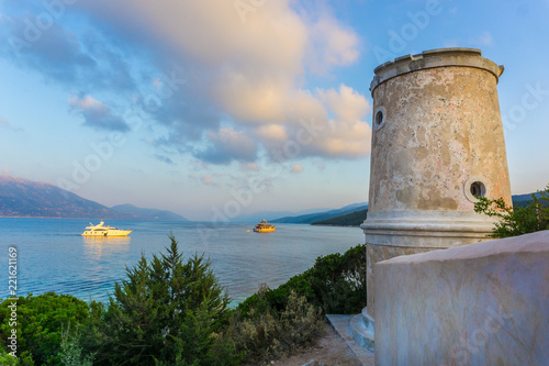 Venetian lighthouse near the port of Fiskardo village in Kefalonia ionian island, Greece 