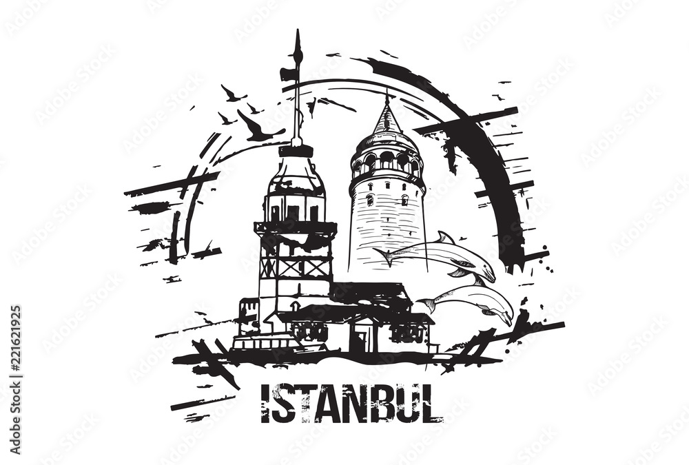 The Maiden's Tower (Kiz Kulesi) and Galata Tower. Istanbul, Turkey city design. Hand drawn illustration. The Maiden's Tower (Kiz Kulesi) and Galata Tower. Istanbul, Turkey city design. Hand drawn illustration.