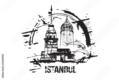 The Maiden's Tower (Kiz Kulesi) and Galata Tower. Istanbul, Turkey city design. Hand drawn illustration.