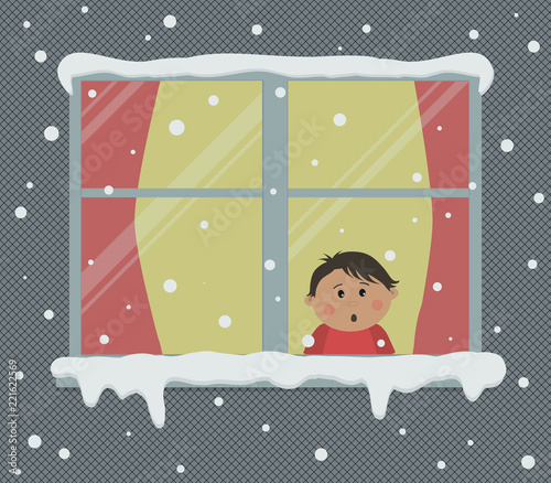 Window with red curtains on a snowy day. A little boy in the room is surprised, looking at the snow. View from the street side. Winter background. Vector illustration.