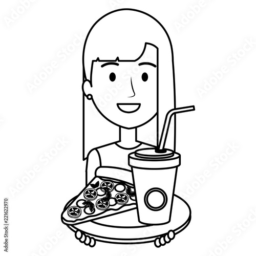 woman with italian pizza and soda