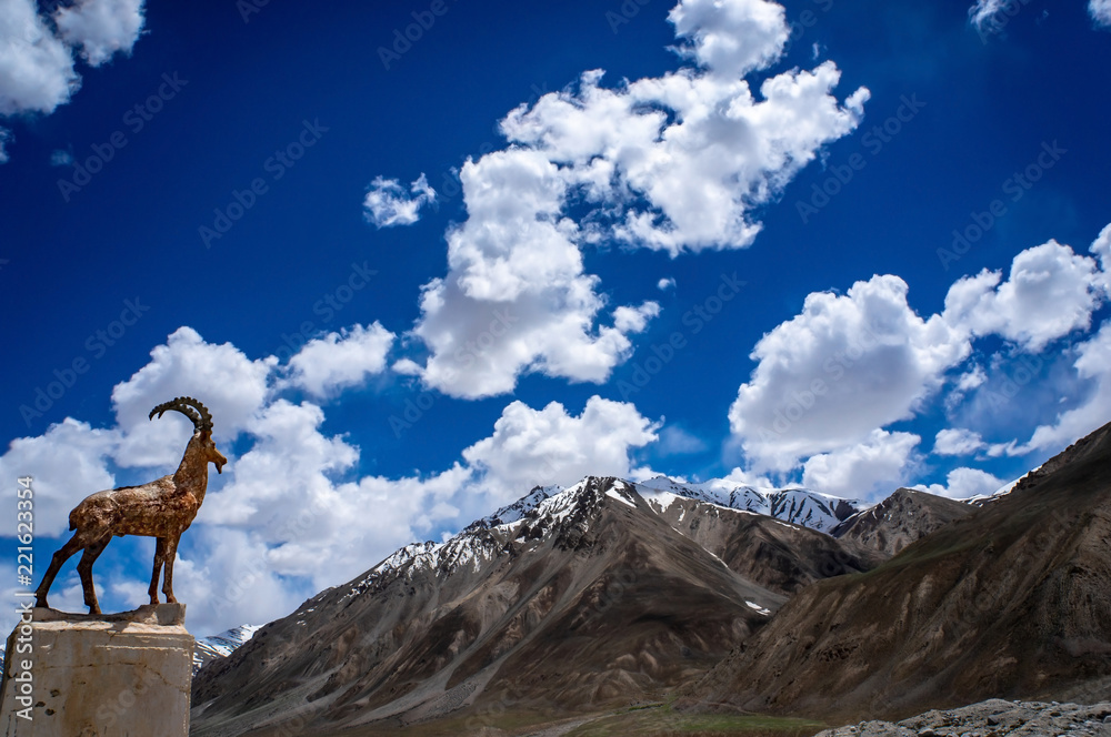 Statue of Pamir Siberian Ibex (Capra sibirica sakeen) on road side of Pamir Highway or M41 Highway the World’s Second Highest Altitude International Road, Tajikistan.