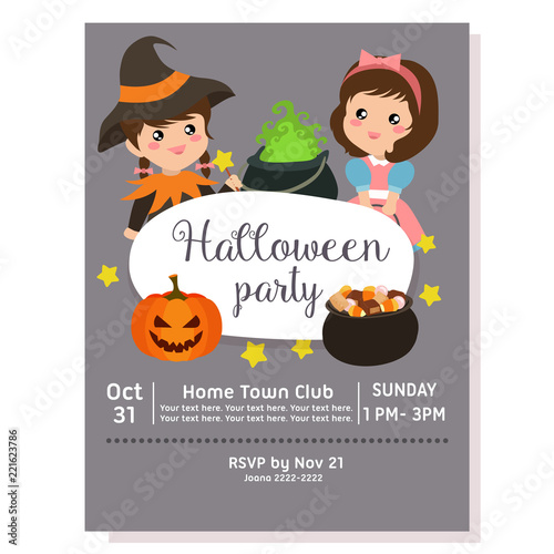 cute halloween party poster with sorceress costume