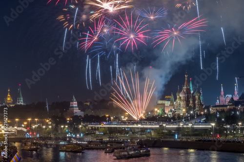 View of Kremlin with City Day fireworks.