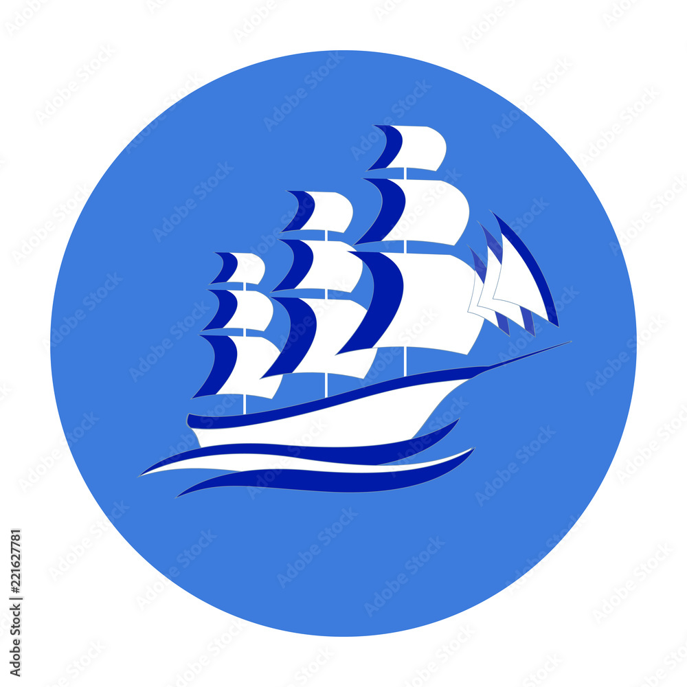 Obraz premium Yacht vector icon on waves, white and blue