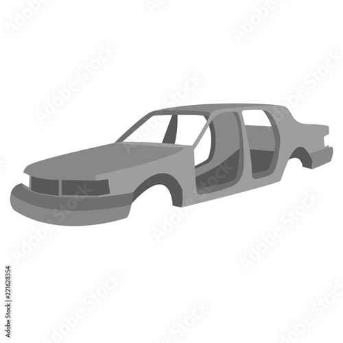 Bare Car body with no parts and doors. Car in junkyard. Old rusty body of car. Vector illustration