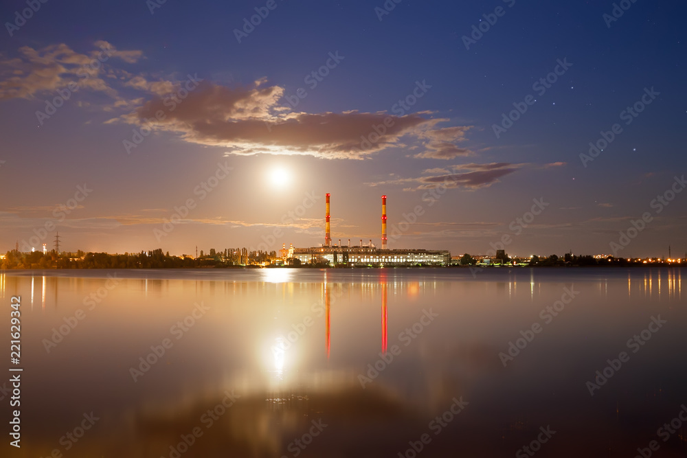 Lunar night over thermal power station. Voronezh