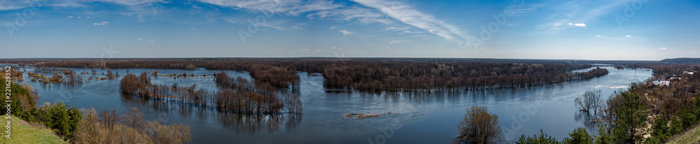 April 2018. Spring flood on the Voronezh river. Panoramic views of the river.