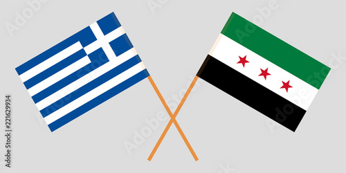 Crossed Syrian National Coalition and Greece flags. Official colors. Correct proportion. Vector