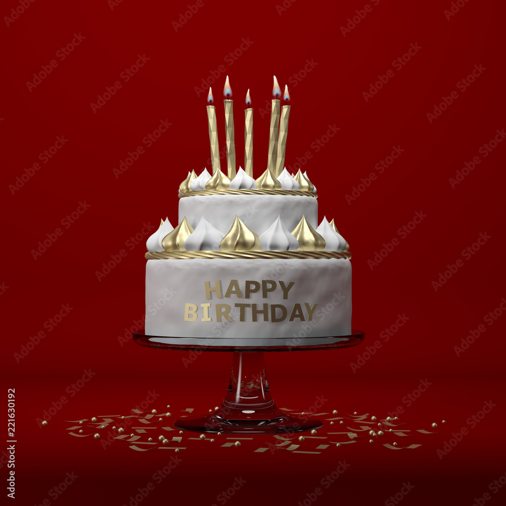 Gâteau d'anniversaire avec bougies sur fond rouge Illustration Stock |  Adobe Stock