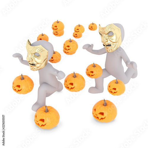 Fototapeta Naklejka Na Ścianę i Meble -  running away from a man with a golden mask and a lot of scary pumpkins
