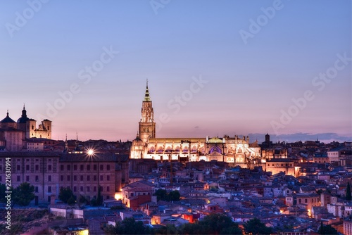 Toledo, Spain, Europe - with floodlit Toledo cathedral at night dusk
