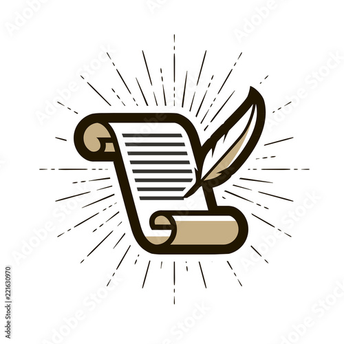 Document, contract logo or label. Literature, letter, quill pen and paper icon. Vector illustration