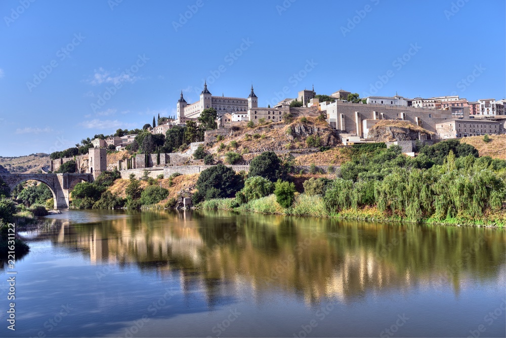 Toledo, Spain old town skyline at the Alcazar on the Tagus River