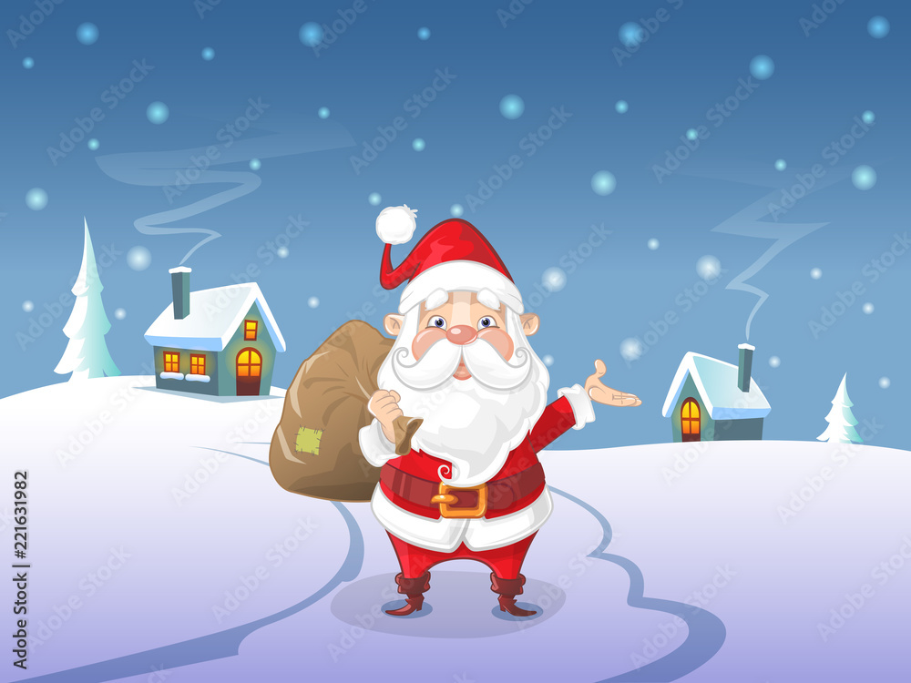 Cute Santa Claus with bag on winter landscape at night Cute Santa Claus with bag on winter landscape at night