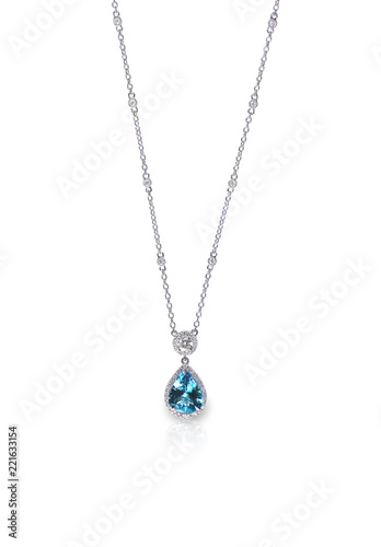 Blue topaz aquamarine diamond necklace with chain isolated on white