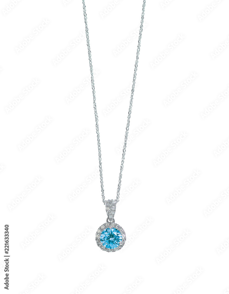 Blue topaz aquamarine diamond necklace with chain isolated on white