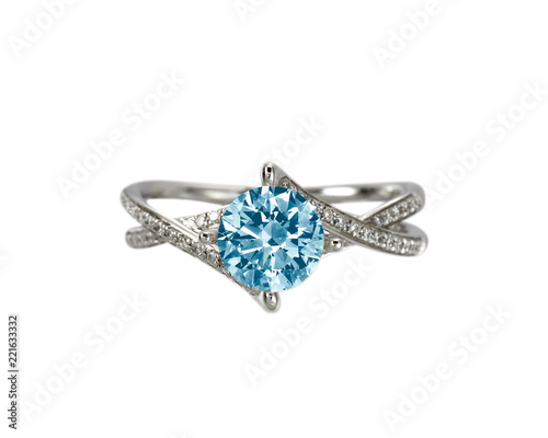Blue Diamond engagment wedding ring colored diamond stone isolated on white