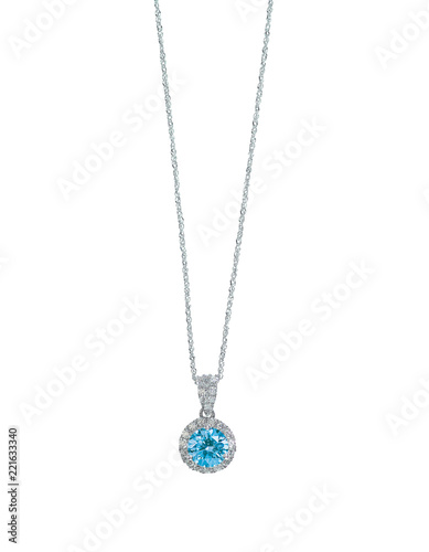 Blue topaz aquamarine diamond necklace with chain isolated on white