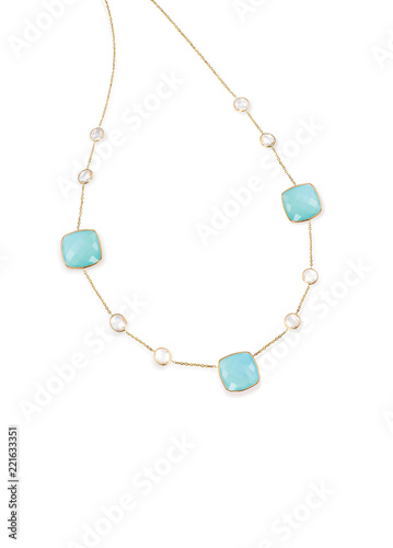 Blue topaz aquamarine diamond necklace with chain isolated on white