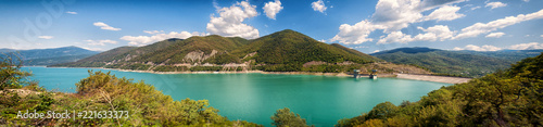 Panoramic view of the Jinvali Water Reservoir, beautiful mountains in the background. Georgia, Tbilisi