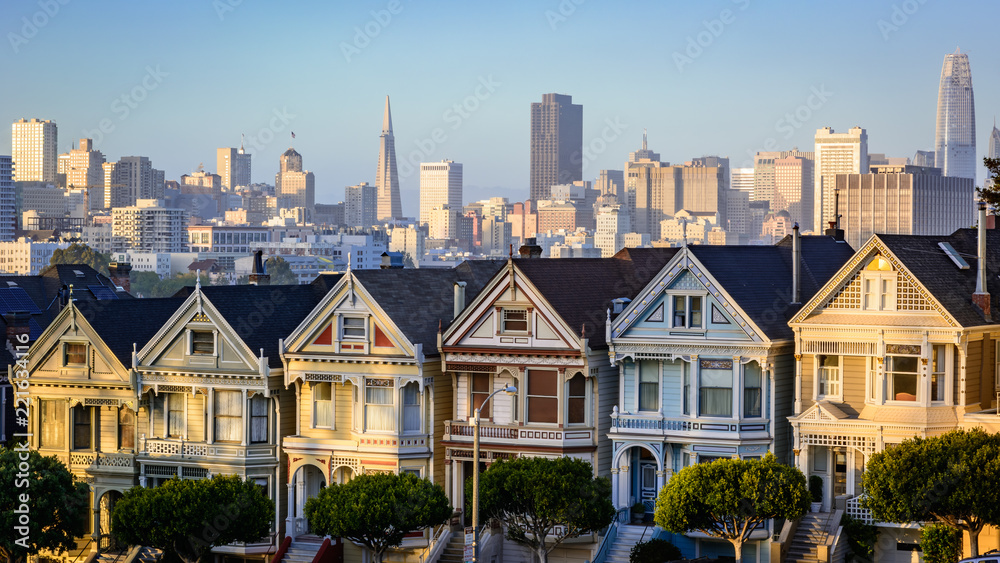 The Painted Ladies Victorian Era Houses In San Francisco Taken At Sunset