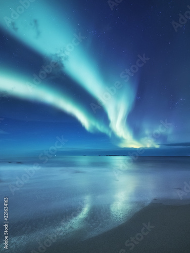 Aurora borealis on the Lofoten islands  Norway. Green northern lights above ocean. Night sky with polar lights. Night winter landscape with aurora and reflection on the water surface. 