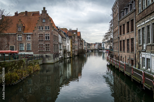 Brugge, West Flanders Belgium - January 2017: canals and old medieval houses, winter cityscape