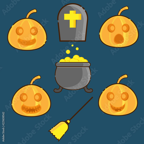 pumpkins face and halloween symbol vector flat design